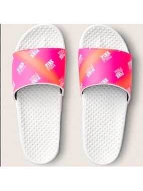 VS PINK Gradient Logo Slide Sandals - White Base with Pink/Coral Strap / 7